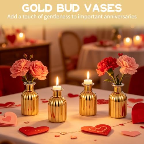 Gold Bud Vases Set of 12, Small Glass Vases for Centerpieces, Mini Vintage Flower Bottles in Bulk, Vertical Ribbed Gold Bottles for Wedding Table Decor, Party, Home & Holiday Arrangements - Image 7