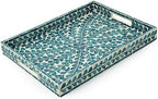 Serving Tray 15.7" X11.8", Lacquer Mother of Pearl Inlay Mosaic Tray, Rectangle Wooden Marble Tray with Handles Trays for Tea, Breakfast in Bed, Table (Blue) - Image 4