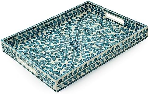 Serving Tray 15.7" X11.8", Lacquer Mother of Pearl Inlay Mosaic Tray, Rectangle Wooden Marble Tray with Handles Trays for Tea, Breakfast in Bed, Table (Blue) - Image 4