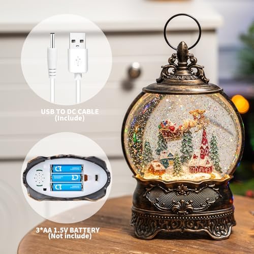 Christmas Village Snow Globe Lighted Flying Santa Scene, Musical Snow Water Lantern Swirling Glittering Home Decoration and Gift, Battery Operated or USB Powered - Image 3
