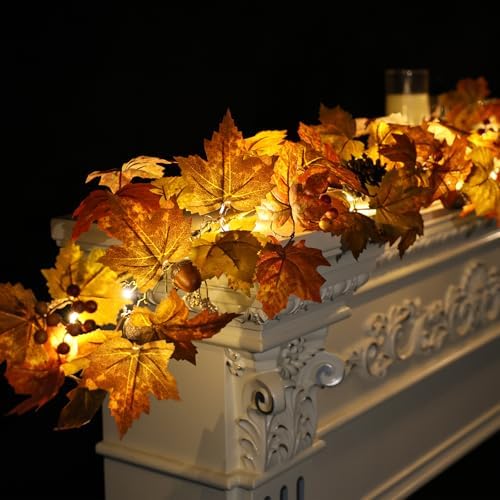 6 Ft Artificial Fall Garland with Lights - Autumn Maple Leaf f Thanksgiving Decor Hanging Vine Autumn Foliage Garland Used for Home Wedding Party Decor - Image 2