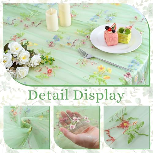 BINBE 6pcs Sage Green Florals Table Runner Embroidery Gauze 10FT Daisy Seasonal Tulle Birthday Wedding Holiday Kitchen Dining Table Decor for Home Party - Image 3