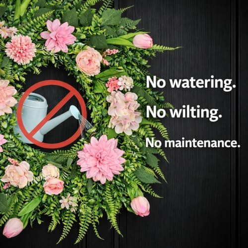 24 Inch Spring Wreath for Front Door, Pink Floral Wreath with Artificial Tulips, Dahlias & Eucalyptus, Hydrangeas and Peonies, Flower Wreath with Gift Box for Home Decorations - Image 3