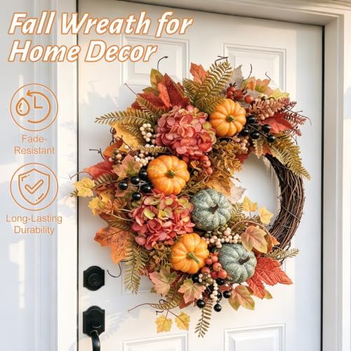 Fall Wreaths for Front Door, Artificial Pumpkin Hydrangea Autumn Wreath - Image 3