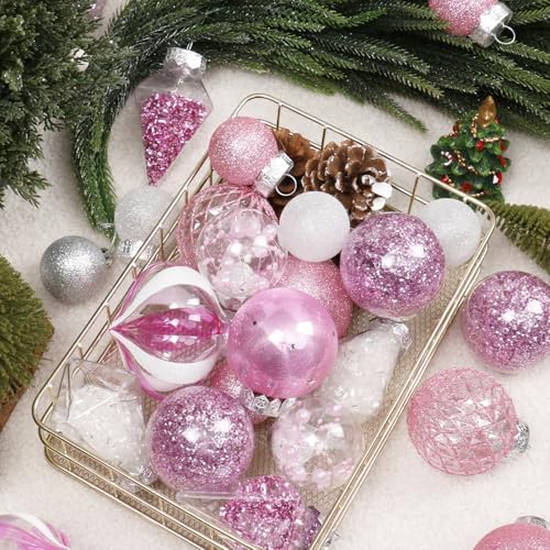 34PCS Pink/White Christmas Ball Ornaments Set for Tree Decor - Image 3