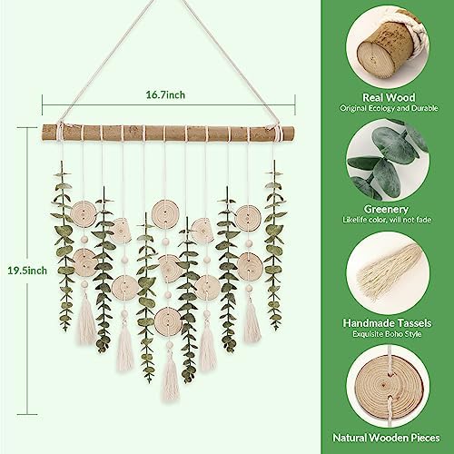 Boho Wall Decor Artificial Eucalyptus Bathroom Decor Fake Eucalyptus Plants Greenery Leaves with Wooden Bead Garland on Stick Rustic Farmhouse Home Decorations for Bedroom Living room Nursery Kitchen - Image 3