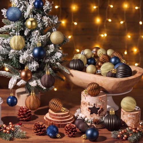 Lunmon 72 Pcs Christmas Ball Ornaments Bulk Navy Blue Coffee Brown Gold Copper Tree Ornament 1.57/1.97/2.36 Inch Shatterproof Matte Glitter Xmas Bauble Assorted Christmas Decor for Xmas Tree Home - Image 2
