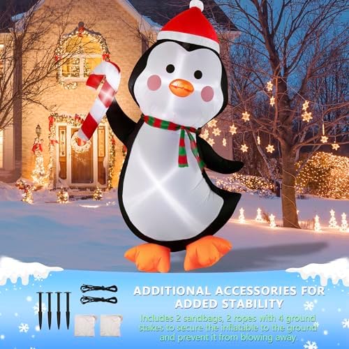 5FT Christmas Inflatables Outdoor Decorations Penguin Holding Candy Cane Blow Up Cute Christmas Decor Built-in LED Lights for Xmas Yard Outside Indoor Party Lawn Garden Porch Holiday - Image 7