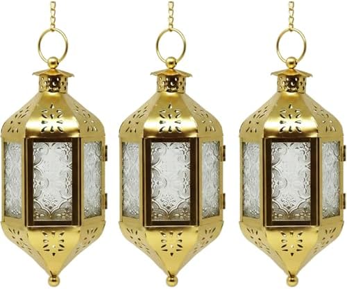 Vela Lanterns Hanging Moroccan Lamp - Exotic Decorative Patio & Porch Decor, Indoor Outdoor Tea Light Candle Lantern Holder with Chain (11" Medium, Gold, 3-Pack) by VelaCandleLanterns