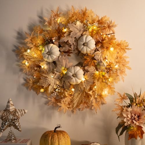 26 Inch Fall Wreath for Front Door,Autumn Wreath with Lights, Artificial Pumpkin Maple Leaves Berries Autumn Harvest Fall Wreaths for Home Porch Thanksgiving Halloween Indoor Outdoor Decorations - Image 2
