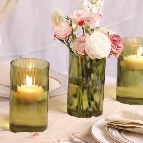 Glass Cylinder Bud vases for Centerpieces, 6 Inches Clear Ribbed Glass Vases Bulk for Wedding Table Decor, Loral Vase Bulk Flower vases, Tall Hurricane Candle Holder for Table Shelf, Party (Green) - Image 2