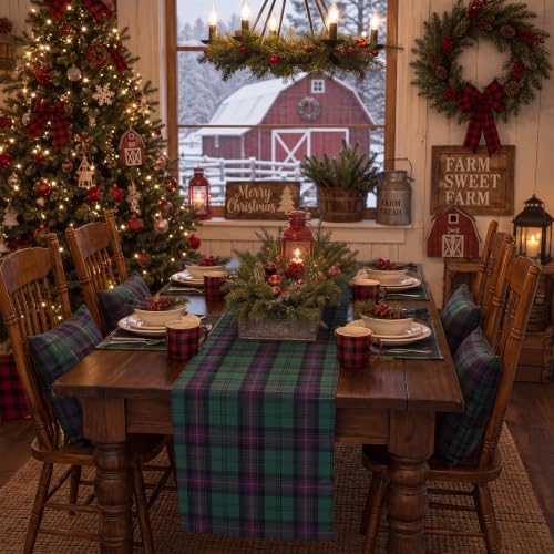 7 Pcs Christmas Tartan Plaid Table Runner and Placemat Set, Green - Image 4