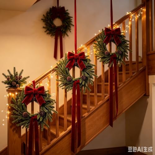 6 Set Christmas Hanging Wreaths Small Artificial Pine Cedar Wreaths with Red Velvet Ribbon Pine Cones Mini Faux Evergreen Wreath for Front Door Porch Cabinet Window Xmas Holiday Home Decorations - Image 5