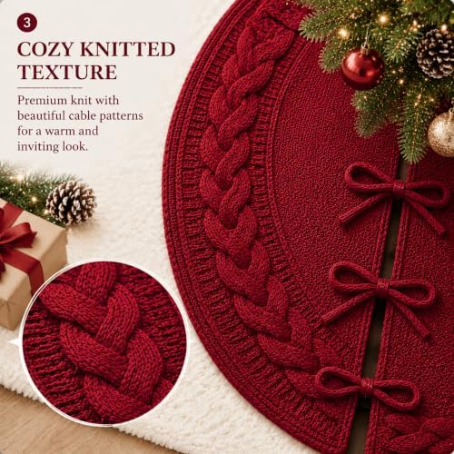 Hollowfly 48 Inch Burgundy Christmas Tree Skirt for 7.5ft Tree Cable Knit - Image 4