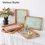 Rectangle Rattan Tray with Mother of Pearl Inlay, Rattan Serving Tray with Handle for Coffee, Bread, Fruits, Snacks, Decorative Wicker Tray for Table Decor (Rectangle Green Leaf, 13"×9") - Image 3