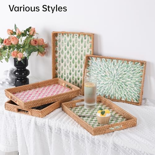 Rectangle Rattan Tray with Mother of Pearl Inlay, Rattan Serving Tray with Handle for Coffee, Bread, Fruits, Snacks, Decorative Wicker Tray for Table Decor (Rectangle Green Leaf, 13"×9") - Image 3