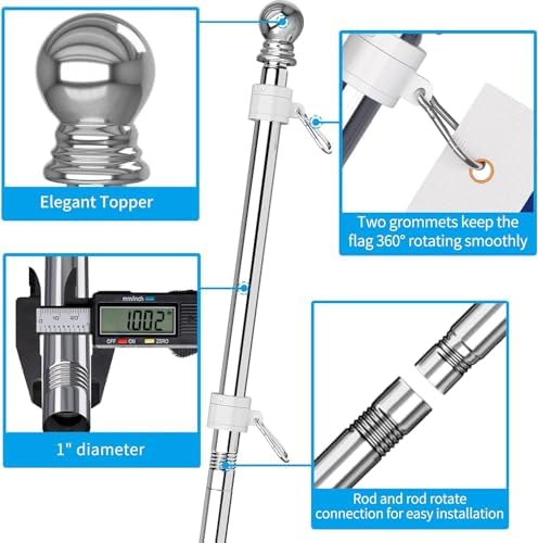 ZMTECH Flag Pole - Upgraded Bracket, (2 Packs) 6 FT Stainless Steel Flag Poles for Outside House, Residential or Commerical, Tangle Free Flag Pole Kit for American Flag (Without Flag, Silver) - Image 5