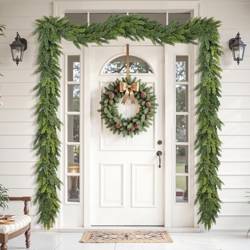Alupssuc 9FT Christmas Garland, Cedar Garland -Real Touch Artificial Greenery Cypress Pine Garland for Mantle Table Railing Fireplace Indoor & Outdoor Christmas Decoration - Image 6