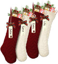 LIBWYS Knit Christmas Décor Stockings with Name Tags, 4 Pack 18" Large Cable Xmas Stockings Classic Burgundy Red Ivory White Chunky Hand Decoration Stockings by LIBWYS