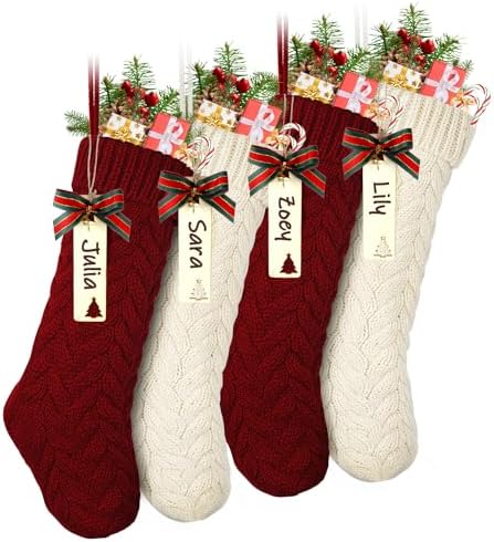 LIBWYS Knit Christmas Décor Stockings with Name Tags, 4 Pack 18" Large Cable Xmas Stockings Classic Burgundy Red Ivory White Chunky Hand Decoration Stockings by LIBWYS