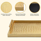 Modern Elegant Large Wood Serving Tray, Set of 2 Gold Crocodile Leather with Gold Polished Metal Handles, Home Decorative Rectangle Ottoman Decor Platter Living Room Bathroom Vanity Tray - Image 3