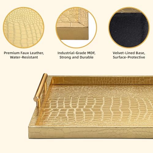 Modern Elegant Large Wood Serving Tray, Set of 2 Gold Crocodile Leather with Gold Polished Metal Handles, Home Decorative Rectangle Ottoman Decor Platter Living Room Bathroom Vanity Tray - Image 3