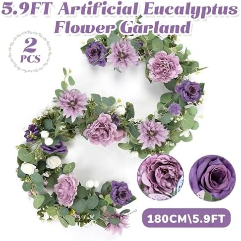 Realistic Artificial Eucalyptus & Rose Garland, 2-Pack, Purple - Image 7