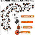9FT 72 LED Halloween Willow Vine Twig Decor Black Halloween Garland with Pumpkin & Orange Lights, 8 Modes Waterproof Battery Operated Halloween Lights Indoor Halloween Decorations for Home Wall Table - Image 2