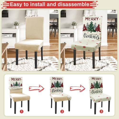 Christmas Chair Covers Set of 6 Xmas Tree Snowflakes Buffalo Plaid Stretch Parsons Chair Slipcovers for Winter Christmas Dining Room Decor Chair Seat Protectors(Christmas Red,6PCS) - Image 4