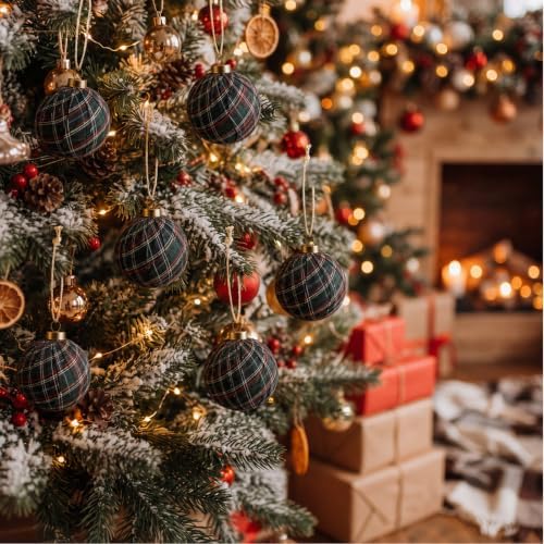 Hollowfly 24 Pcs 2.36 Inch Christmas Tartan Plaid Ball Ornaments Vintage Large Buffalo Plaid Balls Christmas Tree Hanging Ornament Rustic Ball Pendant Hanging Decor for Xmas Tree Party(Green) - Image 4