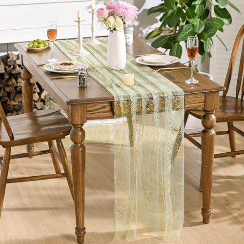 Artoid Mode 10PCS Sage Green Gold Gauze Table Runner 120 Inch 10FT, Glitter Metallic Foil Sheer Dining Wedding Anniversary Holiday Birthday Table Decor for Home Party - Image 4