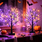 Halloween Decor Indoor, 2 Pack 24 Inch Black Halloween Tree Set, 48 Orange & Purple LED Lights, USB & Battery Powered Tabletop Spooky Twig Trees with 6H Timer, Creepy Halloween Decorations for Mantels by FastDeng