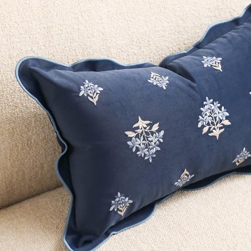 BlissBlush Long Lumbar Pillow Cover 14x36 for Bed, Navy Blue Velvet Decorative Lumbar Pillow Cover, Floral Accent Cushion Cover with Embroidery and Scalloped Edge for Couch Sofa Bed, Cover ONLY - Image 7