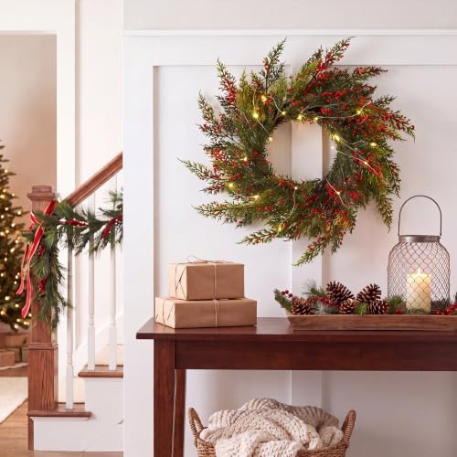 Dingion 18 Inch Christmas Wreath for Front Door with Red Artificial Berry - Image 4
