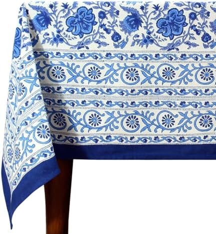 90x90 Inches Square Hand Block Printed Cotton Tablecloth, Blue White Floral Table Cloths Washable, Indian Table Linen for Halloween Christmas Outdoor Thanksgiving Gifts Home Decor Dinning by HomeSpunCrafts