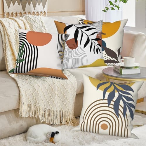 4 Pcs/Set Abstract Line Throw Pillow Covers Boho Sun Moon Arch Botanical Leaves Geometric Lines Plants Linen Throw Cushion Cases for Couch Sofa Bedroom Decorative, 24"x24" - Image 3