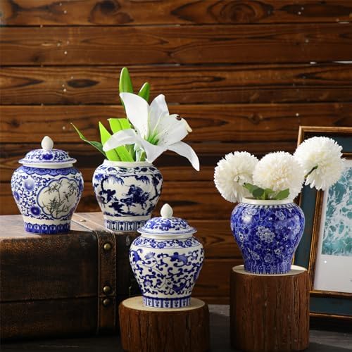 4 Pcs Small Blue and White Vases Chinoiserie Porcelain Vase, Retro - Image 4