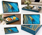 Decorative 2 pcs Tray Set with Gold Handles, Elegant Luxury Style, for Living Room, Kitchen and Vanity (Marble Blue Design) - Image 5