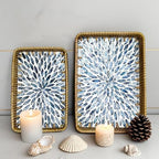 Set of 2 Rectangular Mother of Pearl & Rattan Trays - Artisanal Leaf Pattern Serving Trays for Dining & Dresser - Tropical Decorative Nesting Organizers for Living Room (Blue & White) - Image 3