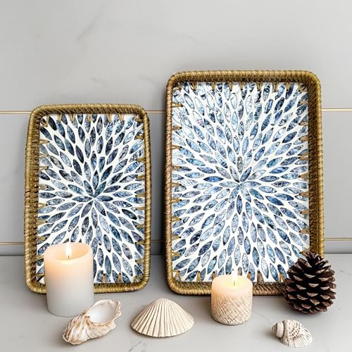 Set of 2 Rectangular Mother of Pearl & Rattan Trays - Artisanal Leaf Pattern Serving Trays for Dining & Dresser - Tropical Decorative Nesting Organizers for Living Room (Blue & White) - Image 3