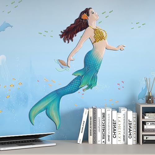 John's Studio Metal Mermaid Sea Wall Decor Outdoor Garden Hanging Art Sculptures Home Ocean Theme Decorations for Kitchen Bathroom and Pool - 14.9Inches - Image 7