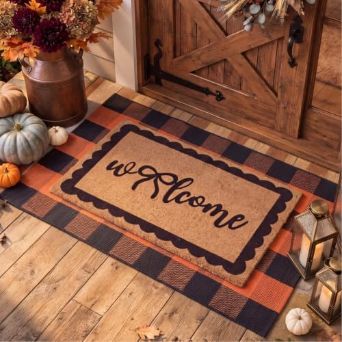 2 Pcs Fall Welcome Mat for Front Door Layered Buffalo Plaid Outdoor Rug by Unknown
