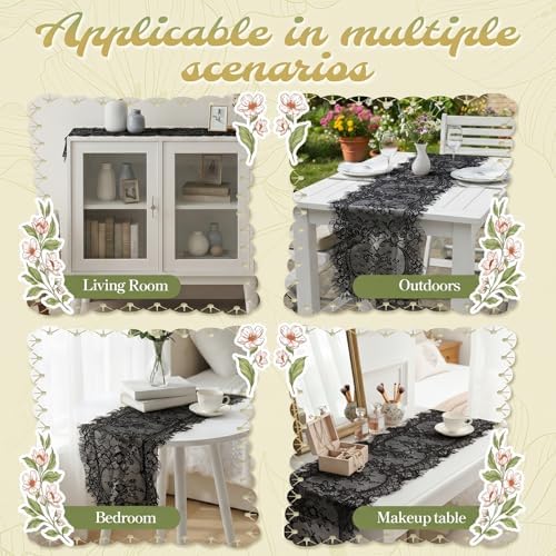 12 Pack Black Lace Table Runners 14 x 120 Inch Black Rustic Lace Fabric Table Runners with Rose Embroidered Floral Vintage Table-Runner for Party Wedding Bridal Shower Decorations - Image 4
