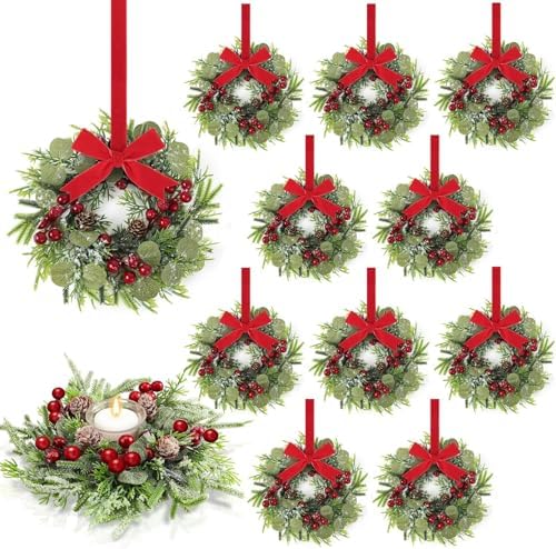 12 Pcs 9 Inch Christmas Artificial Wreaths for Kitchen Cabinet Norfolk Pine Garland with Red Berries Pinecones Wreaths Swags Snowy Pine Candle Rings Holder for Christmas Decorations Table Centerpiece by Unknown