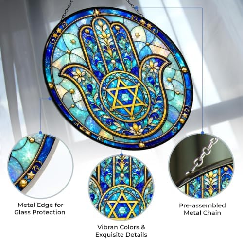 Hamsa Star of David Stained Glass Window Hanging 9.8" - Image 2