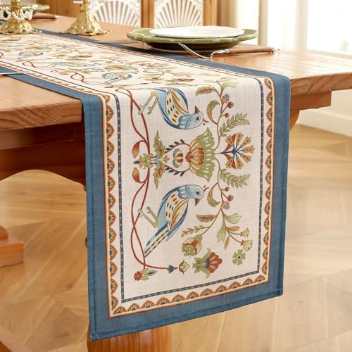 Laolitou Designer Vintage Blue Bird Linen Table Runner, Farmhouse Cottage Rustic Table Runners, Floral Pattern Table Mat, Decoration for Kitchen Dining and Coffee Tables Banquet Christmas 13x90 Inches - Image 3