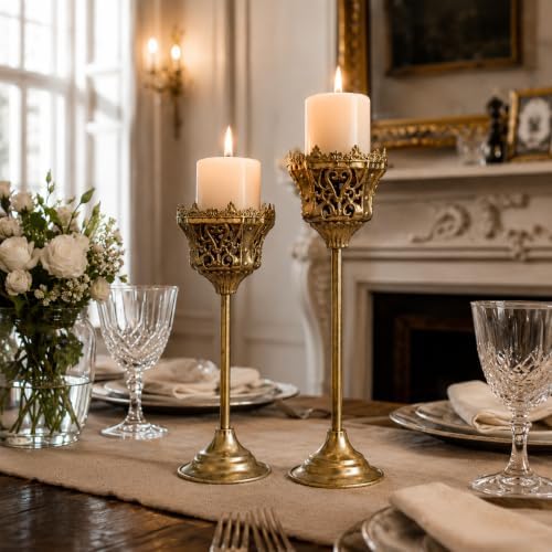 CROWSONG Tall Pillar Candle Holders Set of 2 – Baroque Crown Design | Antique Gold Iron, 14.2" & 11.8" | Victorian Mantel & Centerpiece Décor (Candles Not Included) - Image 3