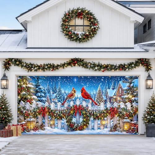 157.5 x 70.9 in Christmas Garage Door Decorations, Large Holiday Garage Door Banner with Winter Snow Scene, Cardinal Birds and Pine Trees Pattern, Outdoor Christmas Decorations for Home Yard Driveway - Image 2