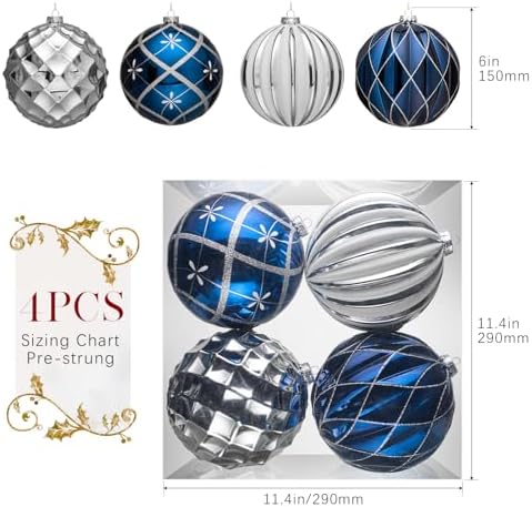 JORNOY Christmas Balls Ornaments Set, 6 inch/150mm Extra Large Shatterproof Plastic Hanging Bulbs for Xmas Tree Decorations Holiday Party with String, 4 Pack-Silver&Navy Blue - Image 3