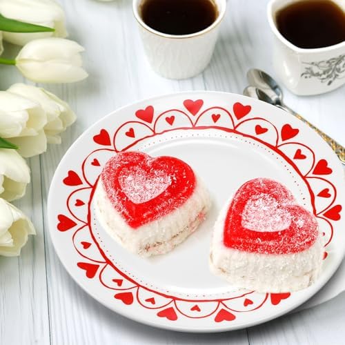 Jinei Set of 8 10 Inch Valentine's Day Ceramic Flat Plates Red White Heart Dining Serving Plates Round Dessert Salad Dish Set Gift for Valentine's Day Wedding Anniversary Party Decoration - Image 3
